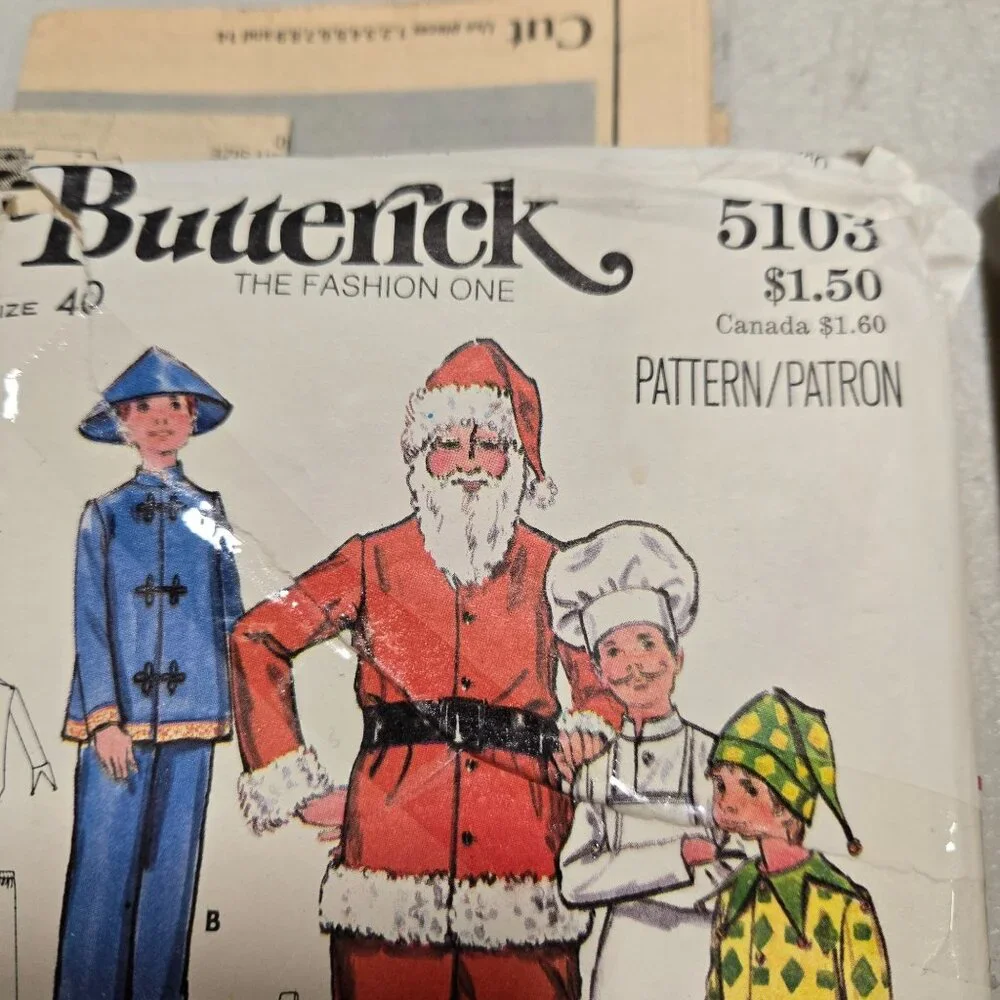 Butterick 5103 sewing pattern Mens Costumes, Santa Chef, Jester CUT Vintage
